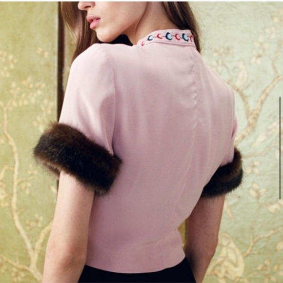 STAUD Astrid Pink Top with Embroidered Details and Brown Fur Trim - Picture 2 of 5